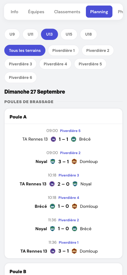 Planning consulté depuis un smartphone dans Footastic CUP