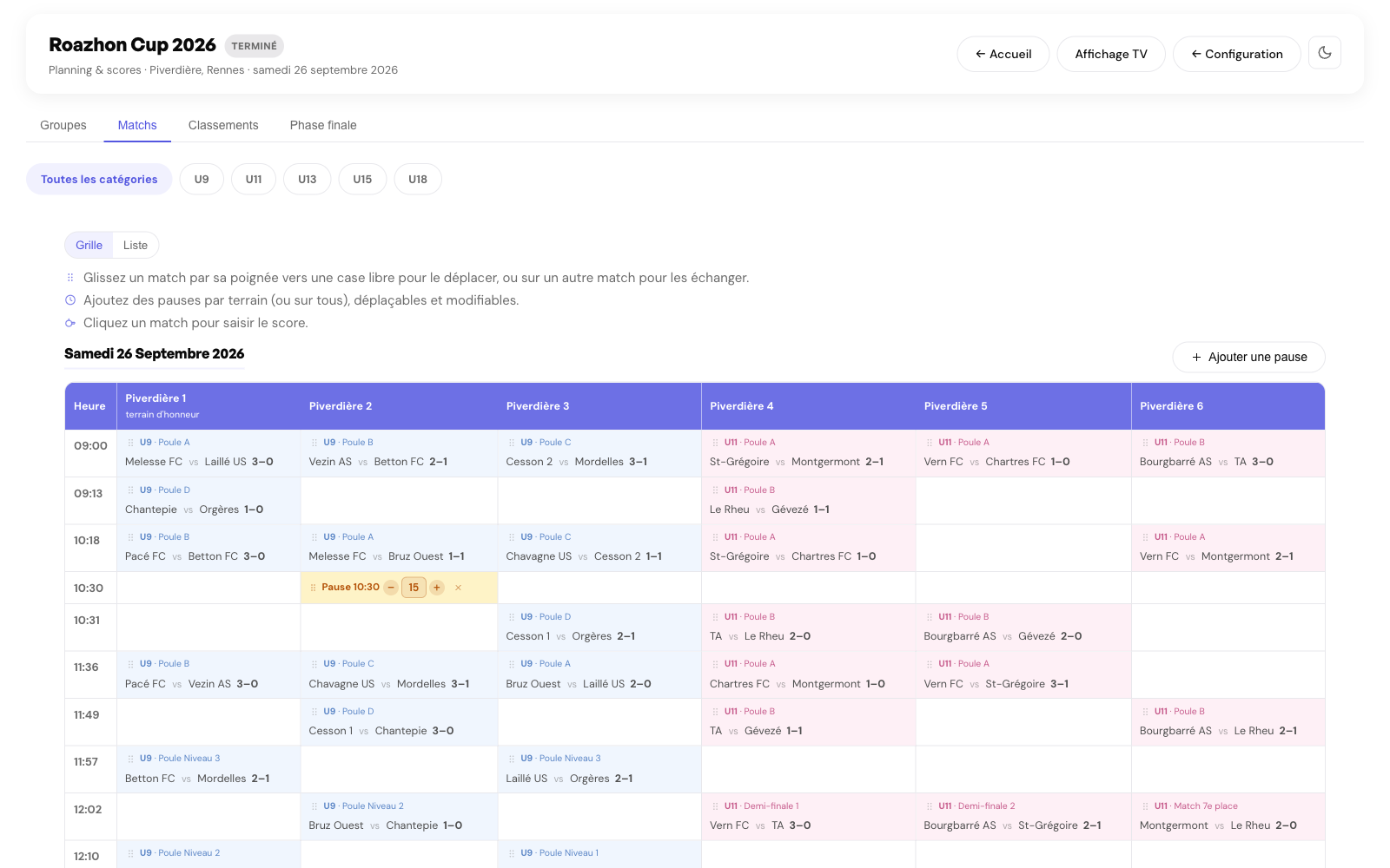 Le planning multi-terrains de Footastic CUP généré automatiquement