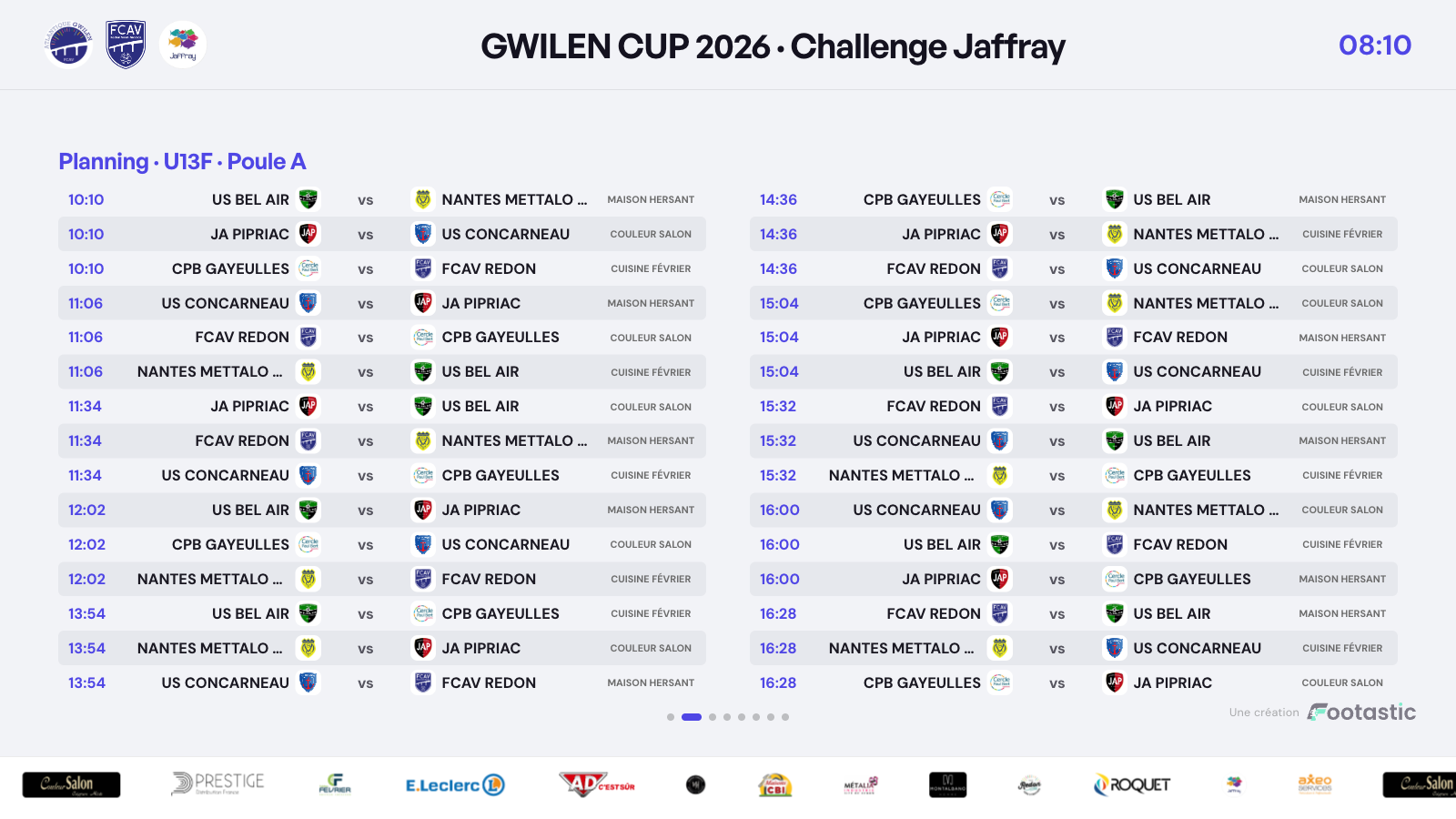 Écran TV Footastic CUP affichant le planning des matchs d'un tournoi
