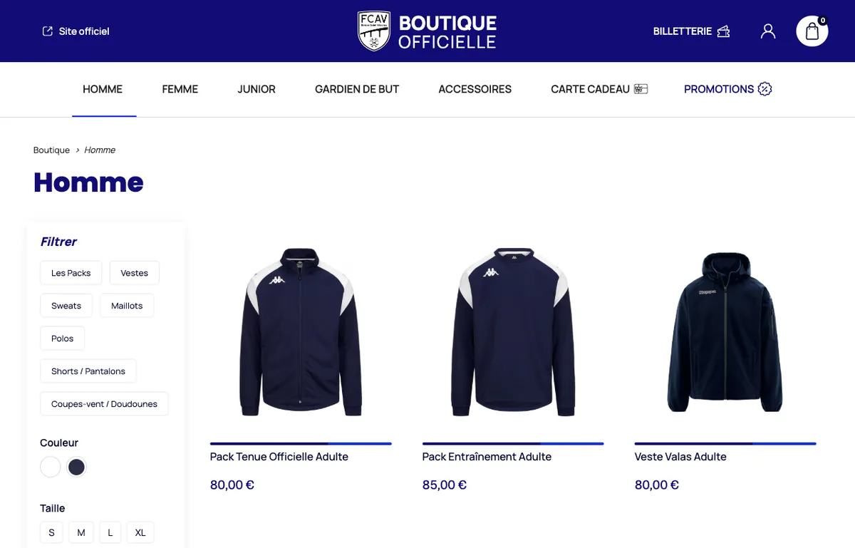 Boutique de club : catalogue, filtres par taille et par couleur, prix