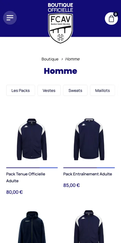 Boutique de club vue sur mobile