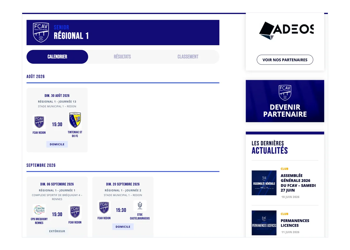 Calendrier des matchs de l equipe sur le site du club