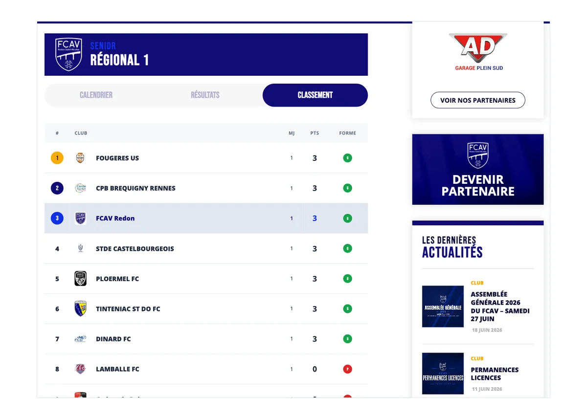 Classement du championnat sur le site du club, synchronise avec la FFF