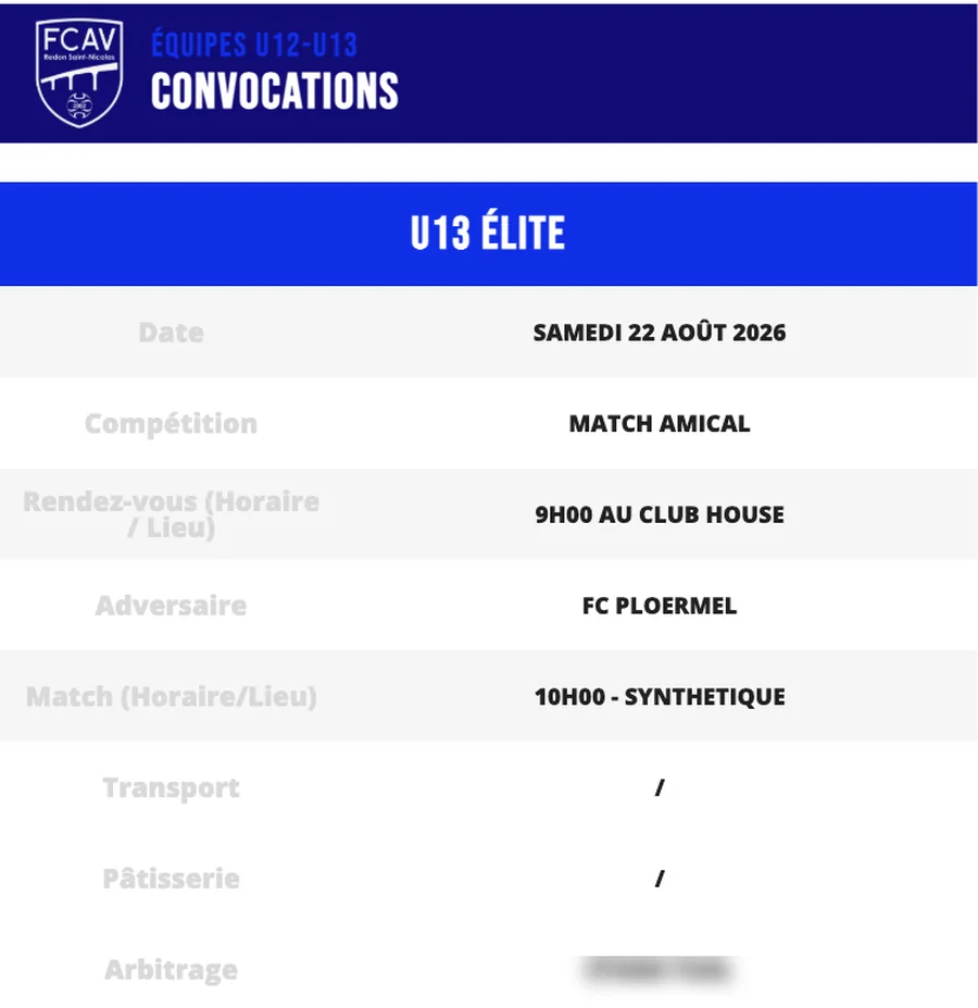 Convocation d une equipe U13 publiee sur le site du club