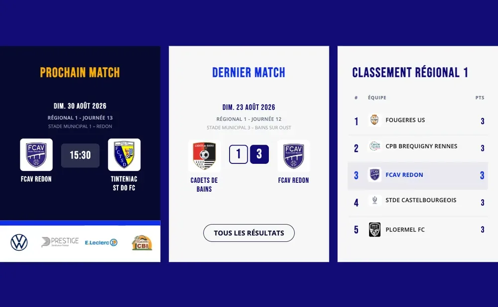 Prochain match, dernier resultat et classement sur la page d accueil du club