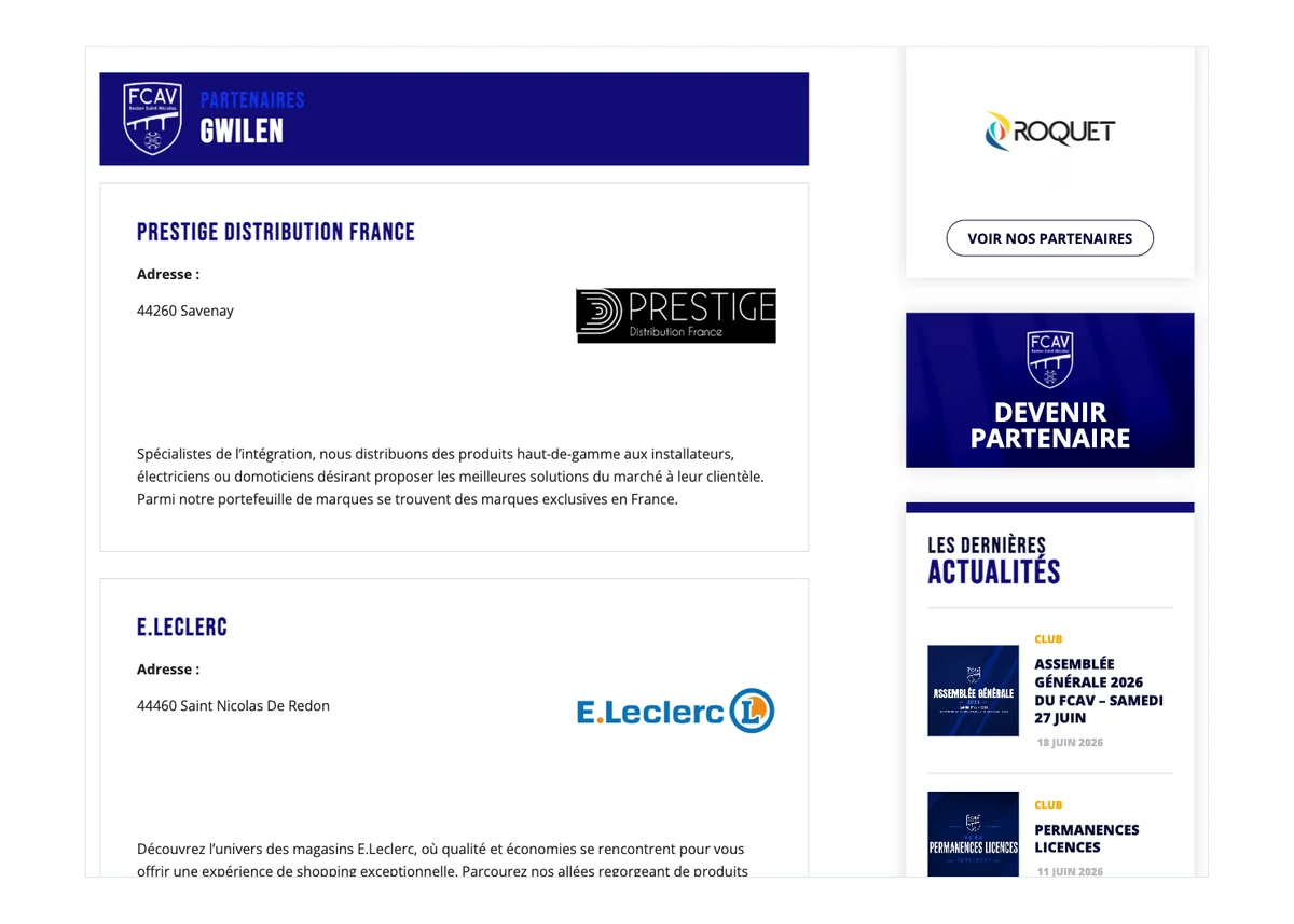 Fiche partenaire du club avec logo, activite et presentation