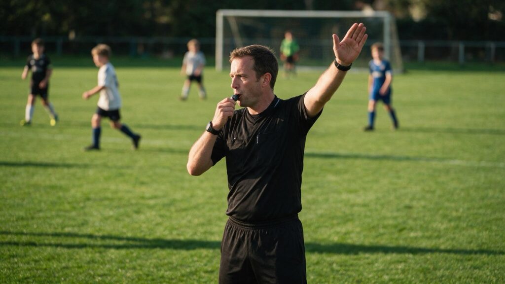 Arbitre de football sifflant et levant le bras lors d un match de club