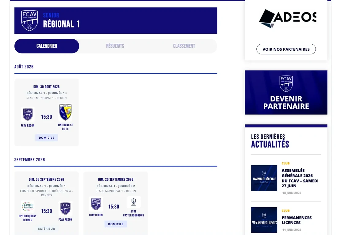 Calendrier des rencontres d une equipe sur le site du club