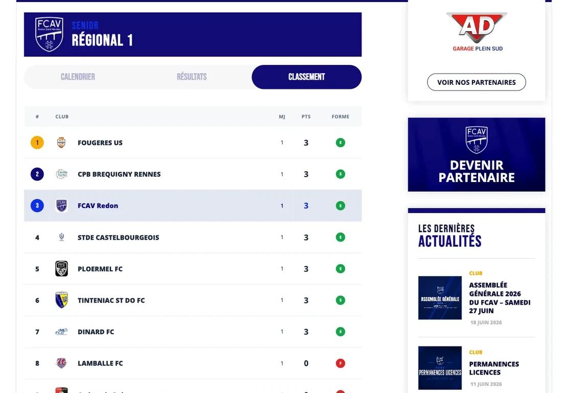Classement du championnat mis a jour automatiquement sur le site du club