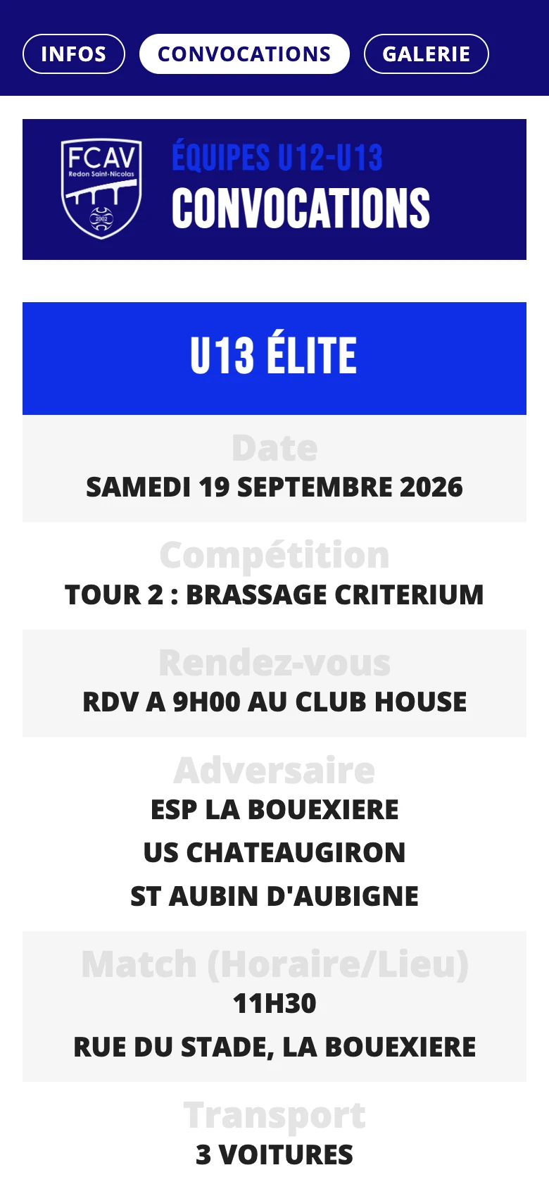 Convocation d une equipe U13 consultee sur telephone, sur le site du club