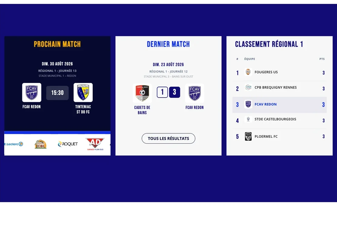 Page d accueil du site d un club Footastic : prochain match, dernier resultat, classement et bandeau des partenaires
