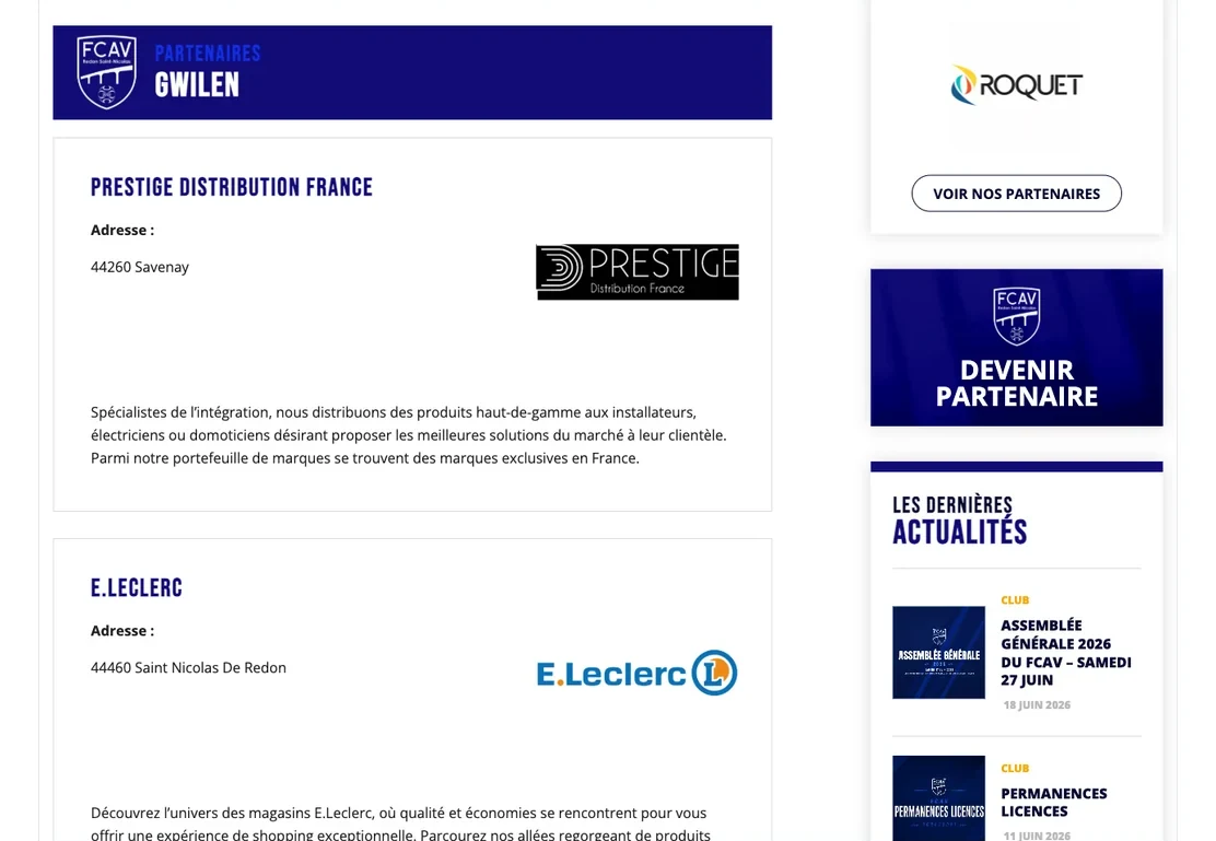 Fiche partenaire sur le site du club : logo, activite et presentation