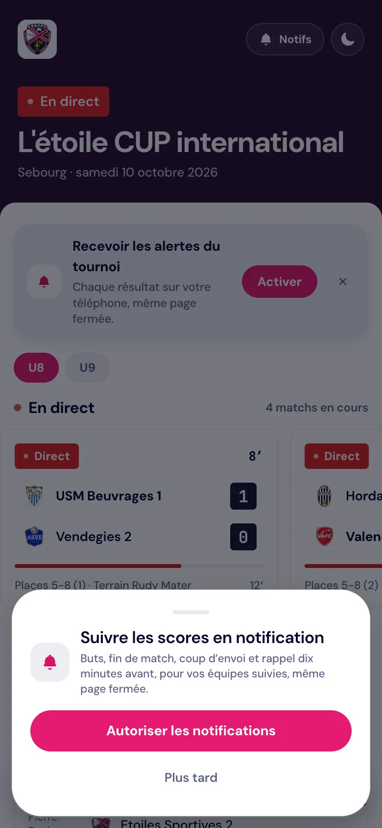 Footastic CUP : suivre une équipe et recevoir ses scores en notification