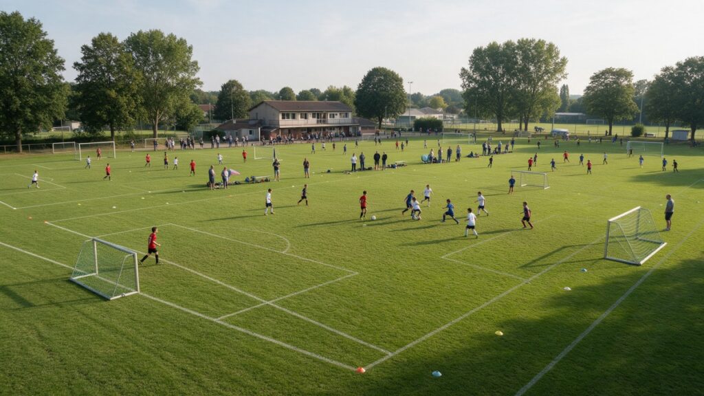 Vue d'un terrain de club découpé en plusieurs aires de jeu pendant un tournoi de jeunes, matchs simultanés et parents le long des lignes