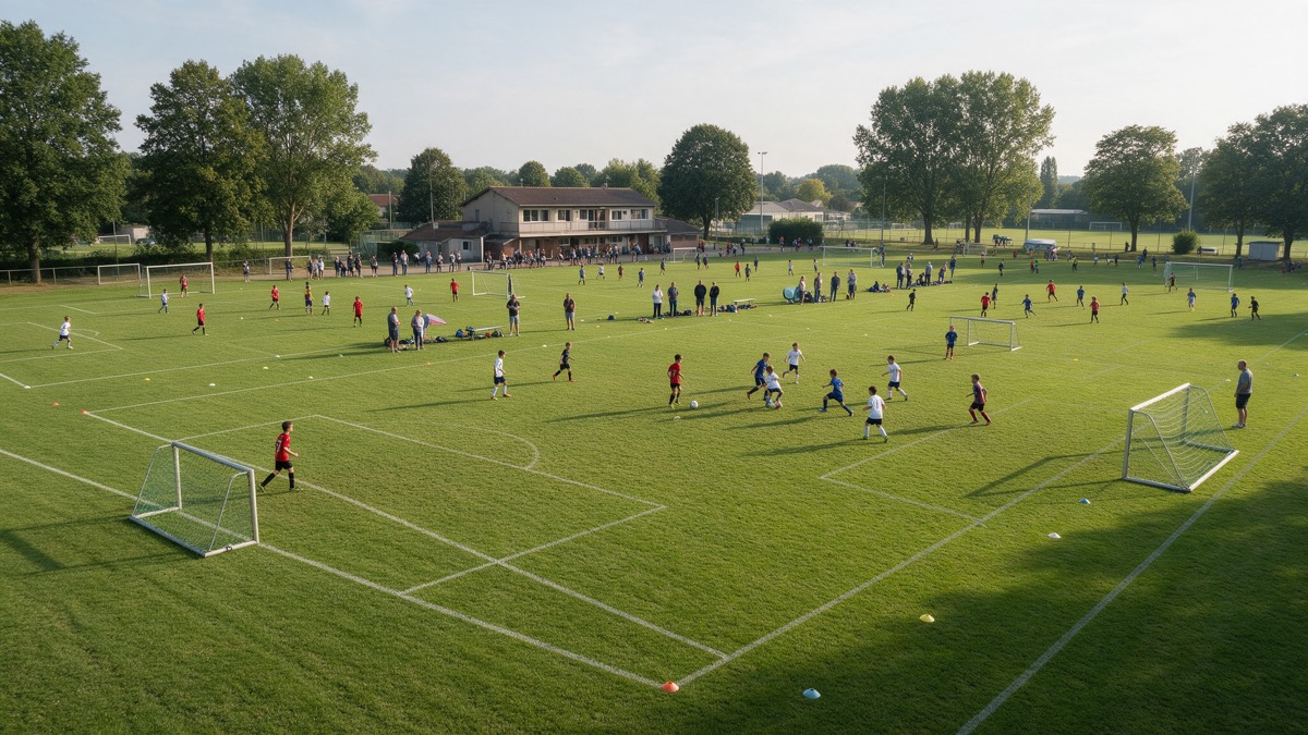Vue d'un terrain de club découpé en plusieurs aires de jeu pendant un tournoi de jeunes, matchs simultanés et parents le long des lignes