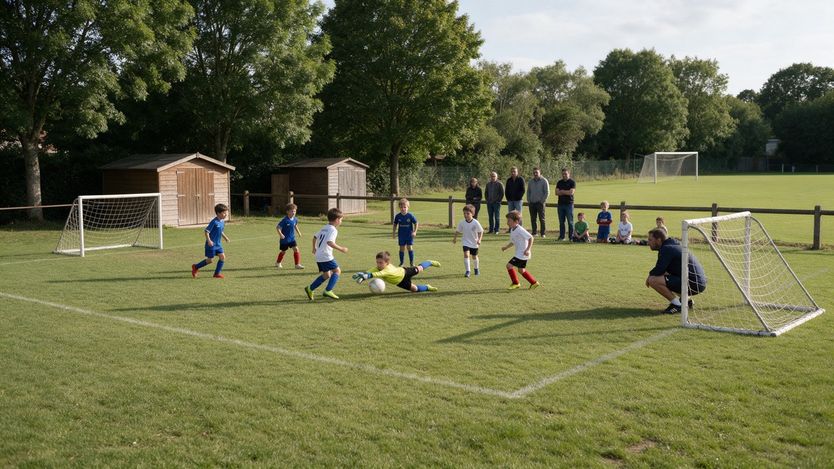 Enfants de moins de 9 ans jouant à 5 contre 5 sur un petit terrain en herbe, gardien en train de plonger devant un but de 4 mètres