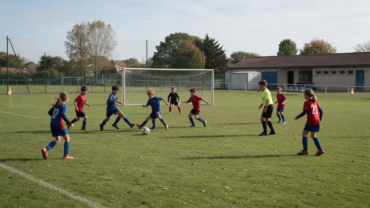 Match de foot à 8 entre jeunes joueurs et joueuses de moins de 13 ans sur un terrain en herbe de club, un arbitre au centre