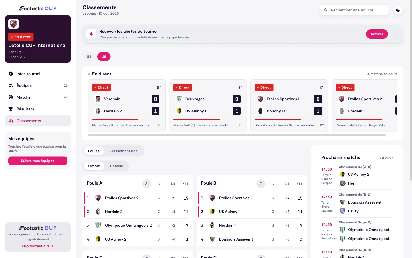 Les classements de poules mis à jour en direct dans Footastic CUP