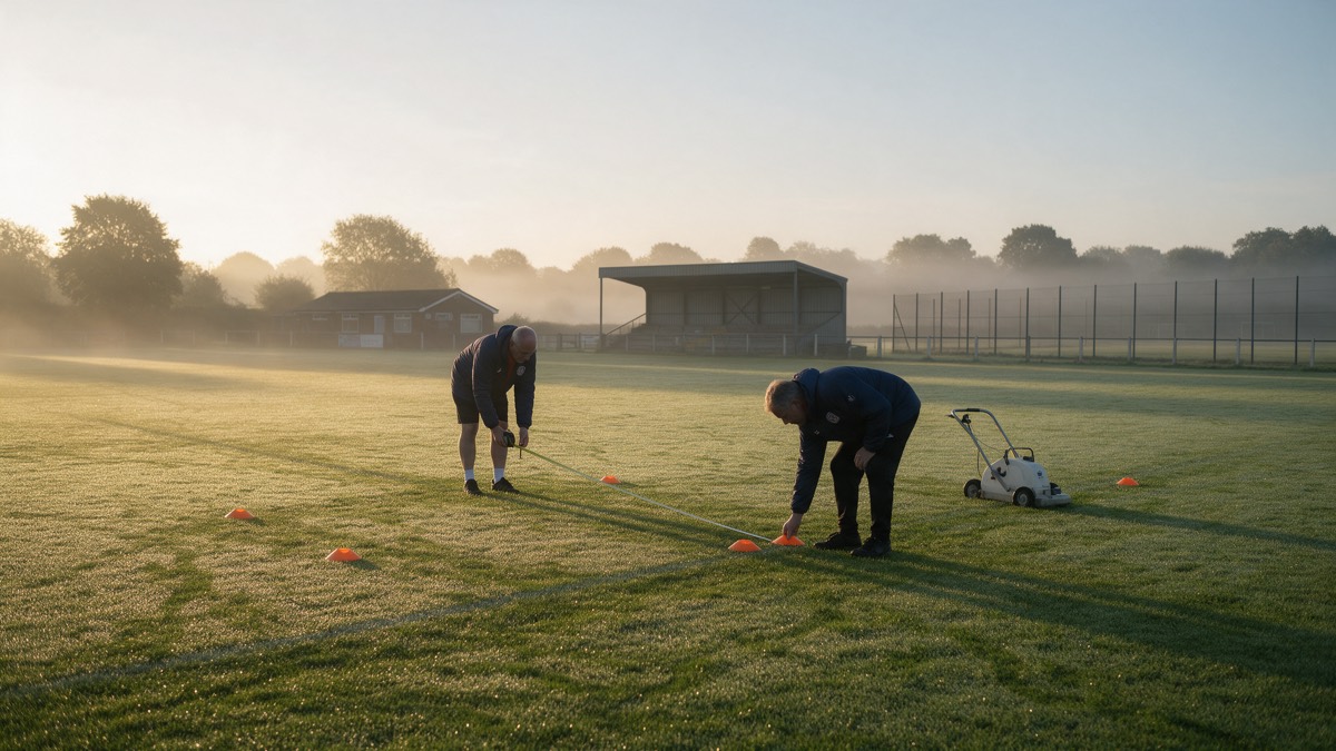 Deux bénévoles d'un club mesurant un petit terrain au mètre ruban et posant des coupelles orange sur l'herbe tôt le matin